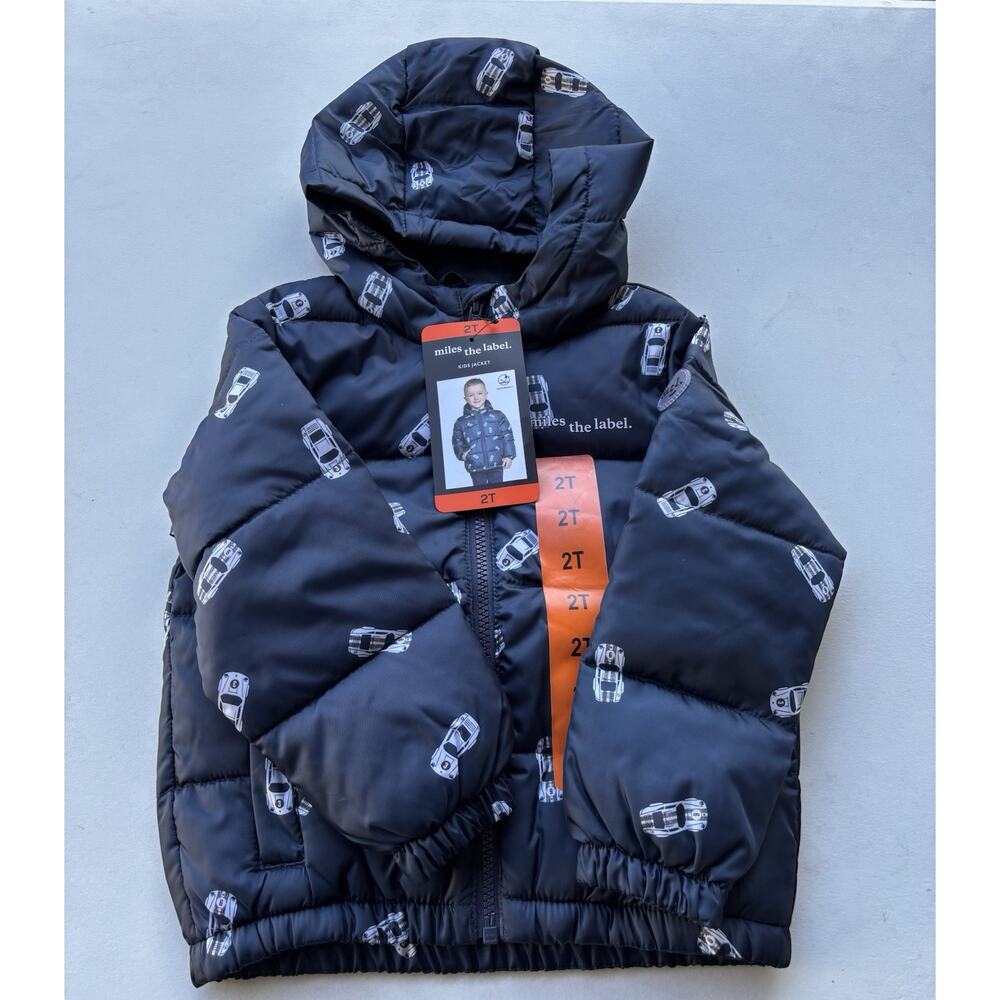 Miles the Label Kids Hooded Puffer Jacket Boys Navy Car Design Size 2T. NWT